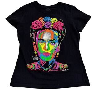 Frida Kahlo black fitted t shirt w colorful design from Cancun Mexico artistic